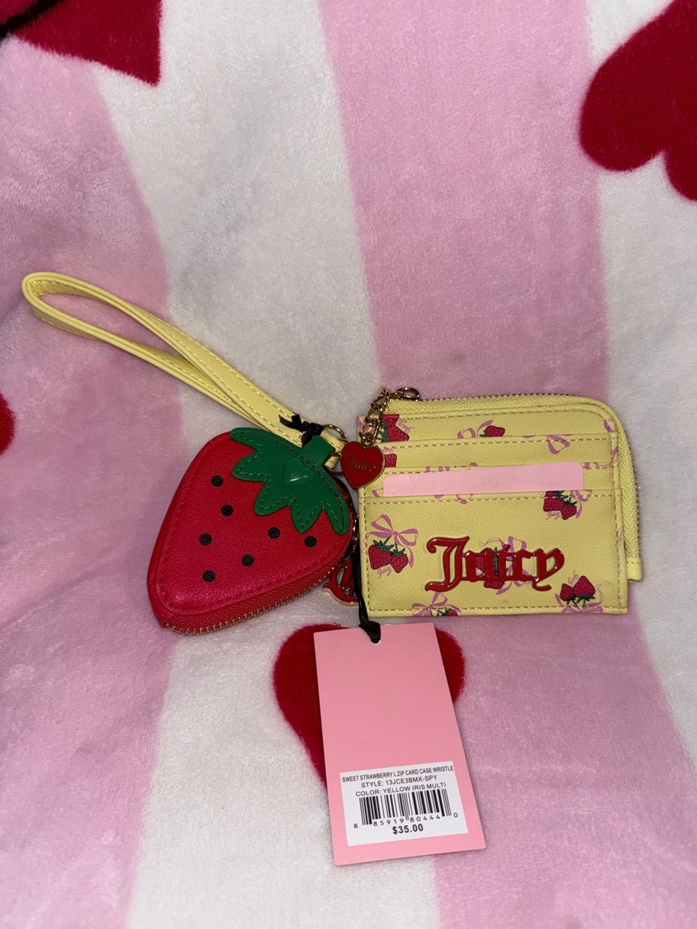 NWT Juicy Couture Sweet Strawberry Zip Card Case Wristlet in Yellow Iris